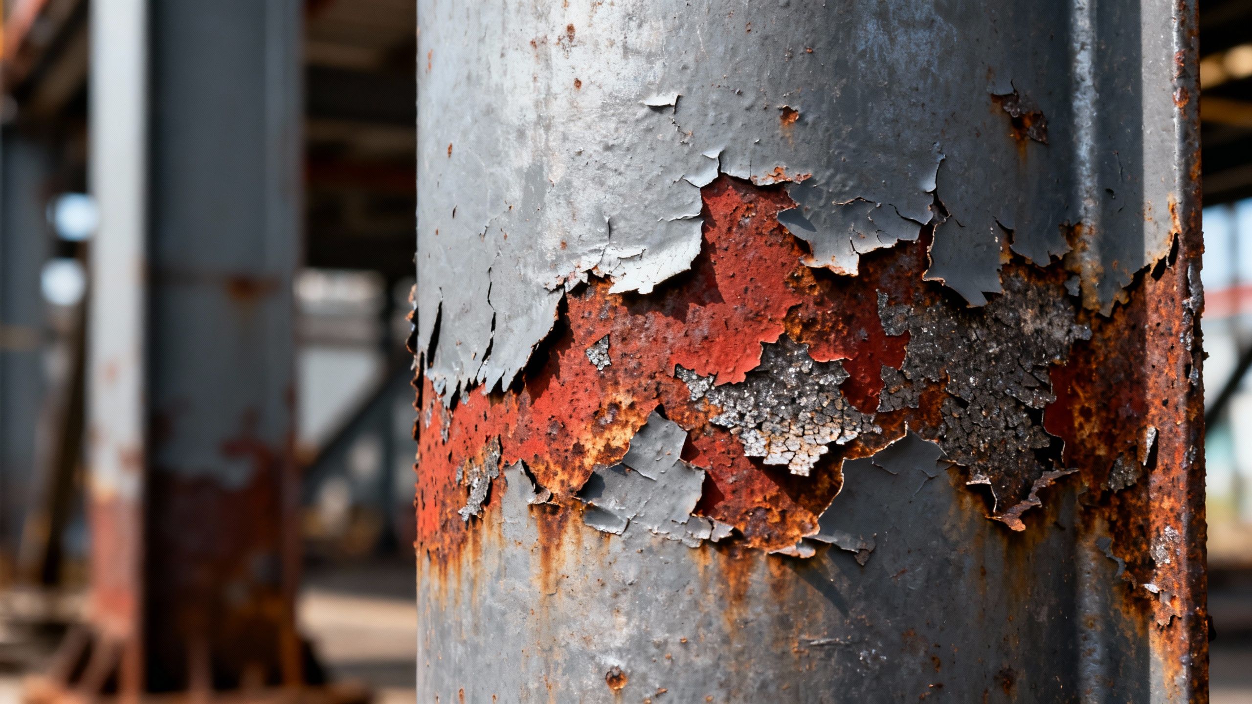 Steel column with failing coating and visible millscale.
