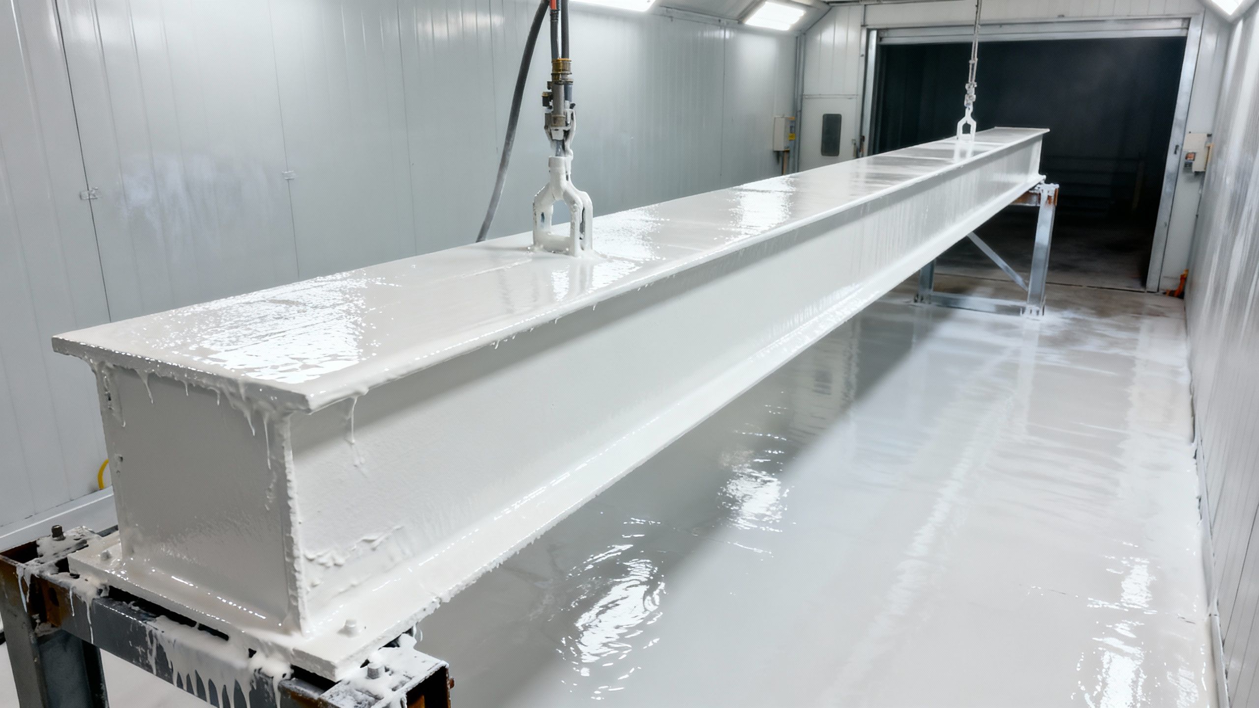 Steel beam with a smooth, wet-look white intumescent coating.