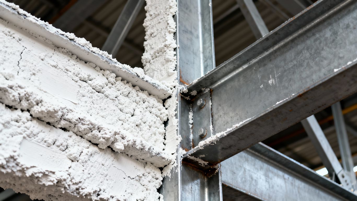 Steel beams, some coated with intumescent paint.