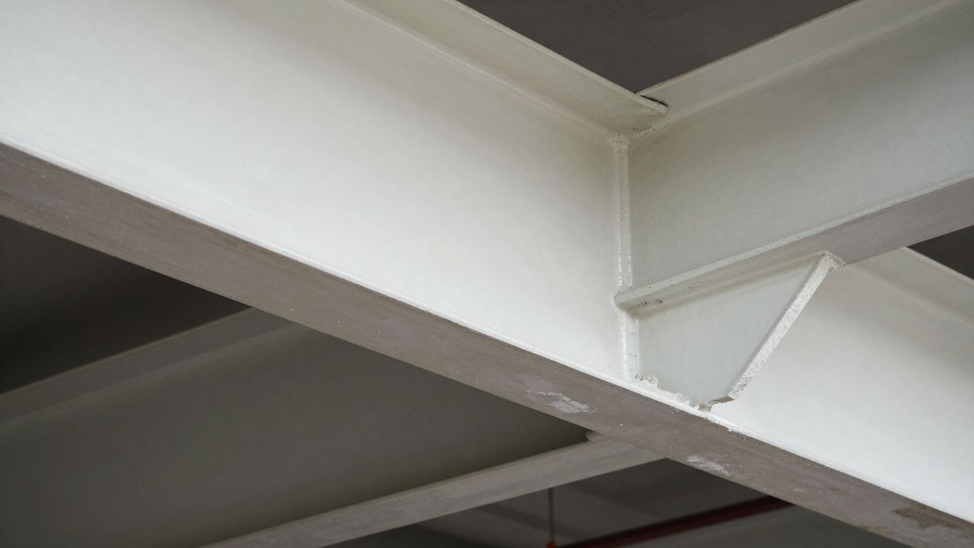 Steel beams, one coated with intumescent paint, the other bare.