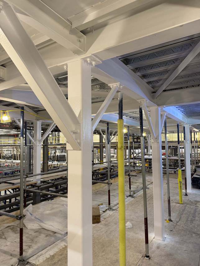 Completed intumescent-coated steel columns and bracing at P&G Tilbury.