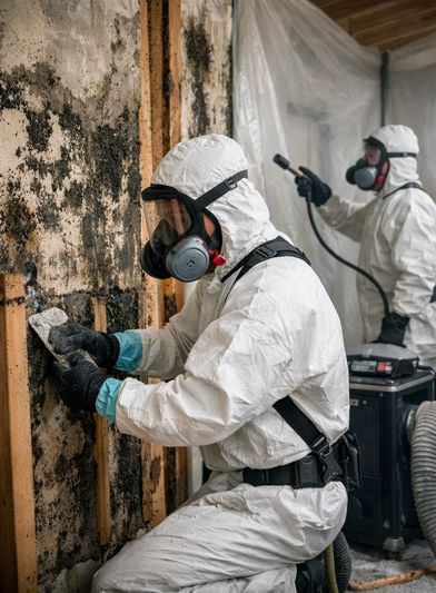 Two workers in white protective suits and respirators removing mold from a wall inside a building.