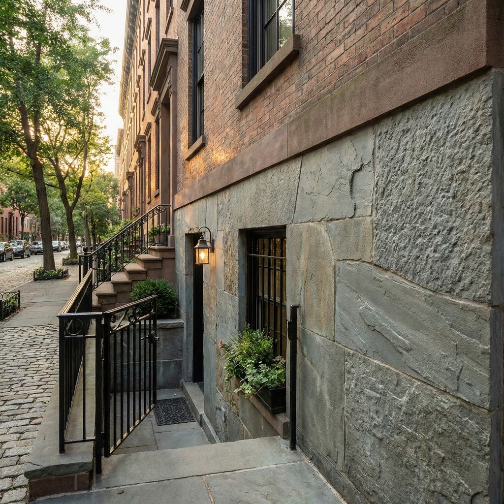 Stone and brick townhouse basement entrance with black wrought iron gate and window box of plants along a tree-lined cobblestone street.
