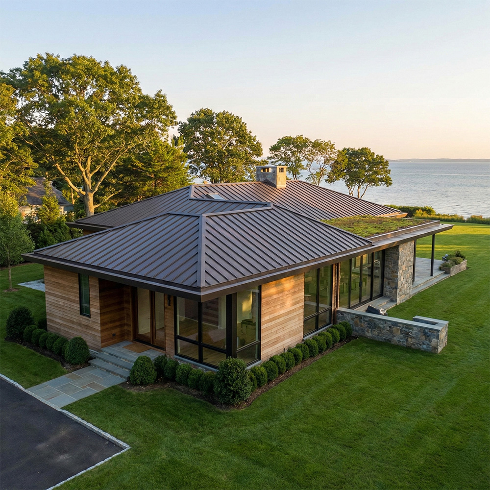 Modern single-story house with metal roof, stone chimney, wooden siding, and large windows overlooking a waterfront lawn.