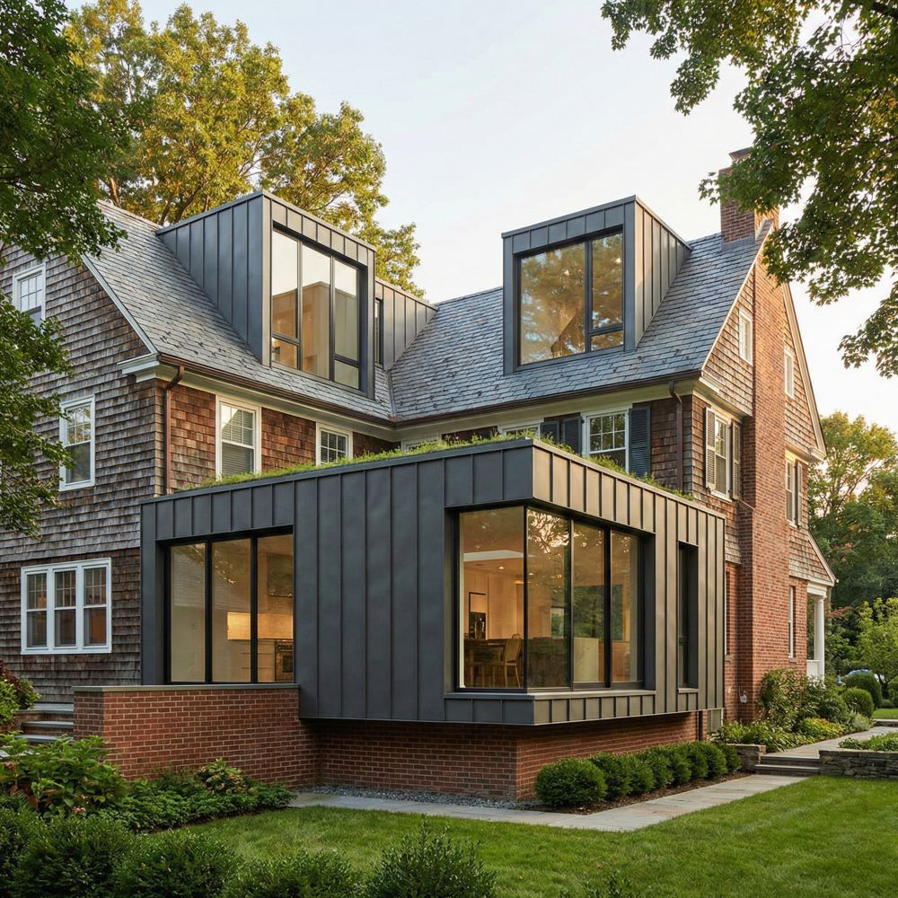 Modern black metal and glass extension on a traditional brick and shingle house surrounded by green trees and lawn.