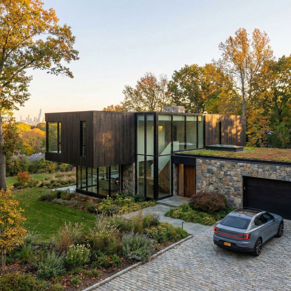 Modern two-story house with wood and stone exterior, large glass windows, green roof, surrounded by fall foliage, and a gray car parked on a cobblestone driveway.