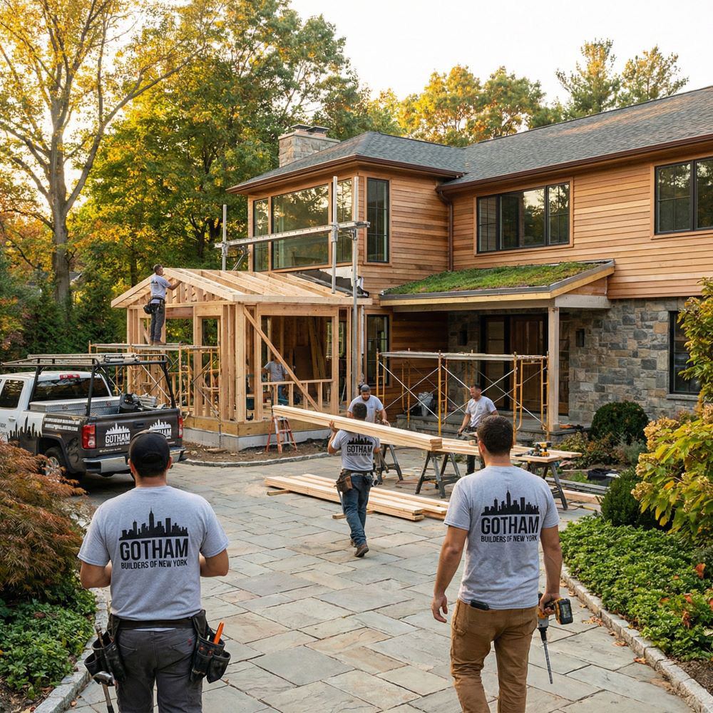 Construction workers in Gotham Builders of New York shirts building a wooden extension on a house surrounded by trees.
