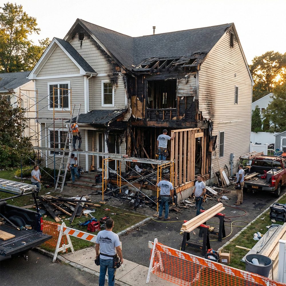 Construction workers repairing the exterior of a house severely damaged by fire, with charred walls and scaffolding set up around the structure.