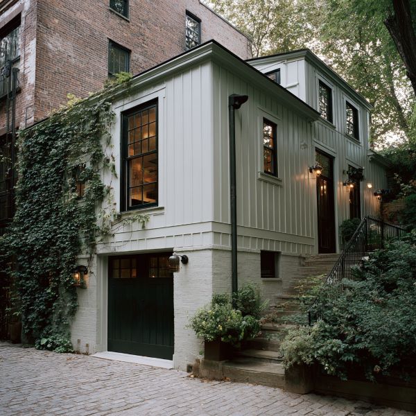 Two-story house with white siding, large windows, green garage door, ivy on wall, and stone stairs surrounded by greenery.