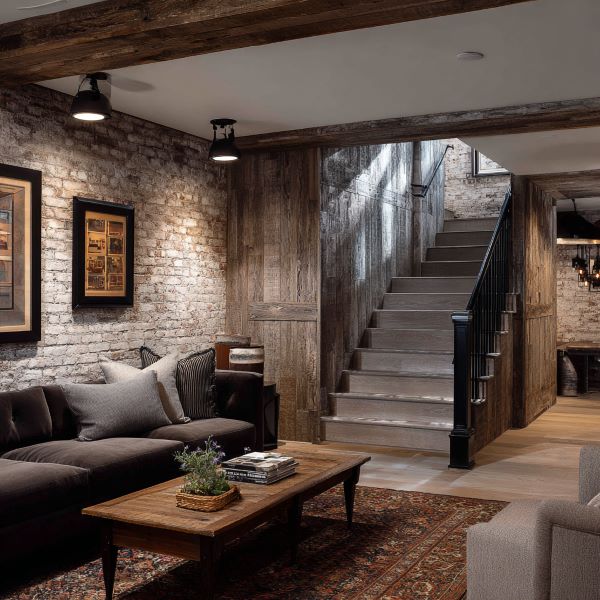 Cozy living room with a dark sofa, wooden coffee table, patterned rug, exposed brick walls, and wooden staircase with black railing.