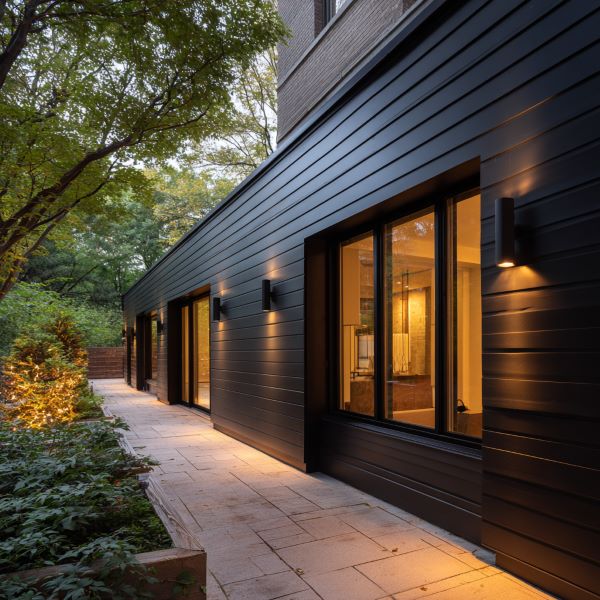 Modern black exterior wall with warm lit windows and pathway lighting along a garden walkway at dusk.