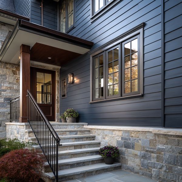 Stone staircase with black metal railing leading to a wooden front door on a house with blue siding and stone accents.
