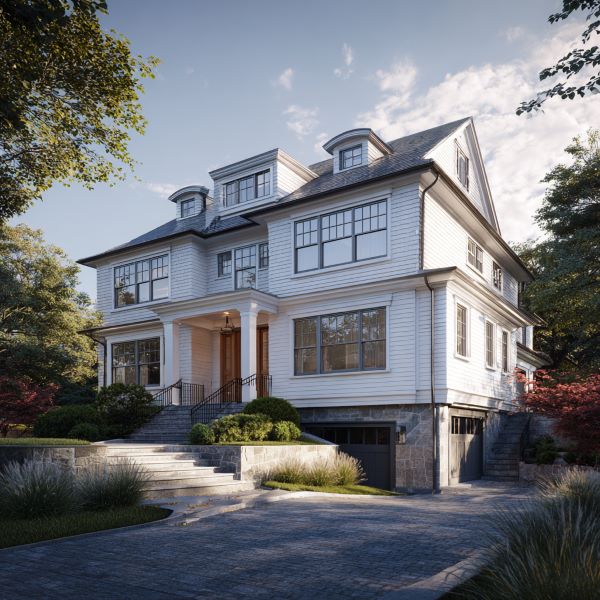 Large white two-story house with multiple windows, dormers, a front porch, and a stone driveway surrounded by greenery.