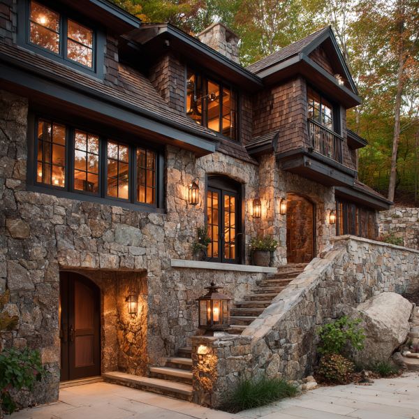 Stone exterior of a rustic house at dusk with warm lights glowing inside and outdoor lanterns lighting a stone staircase.