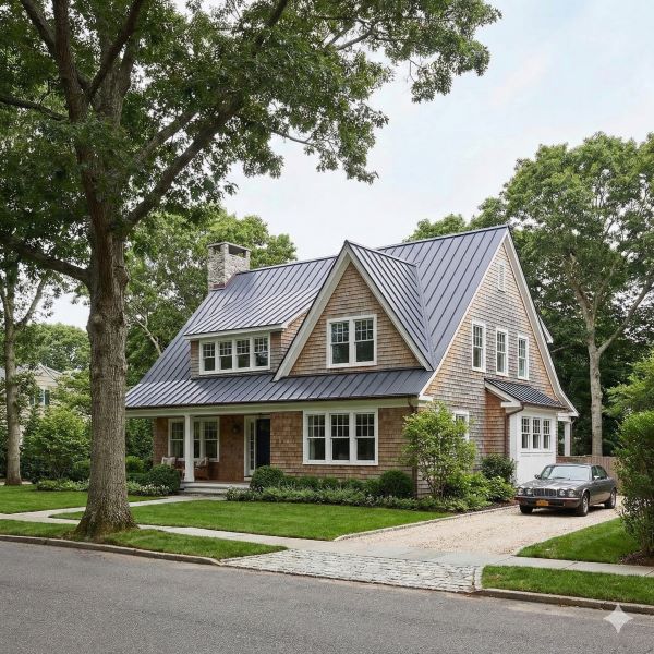 Close-up view of a modern roof with angled wooden panels and metal edges under a cloudy sky.