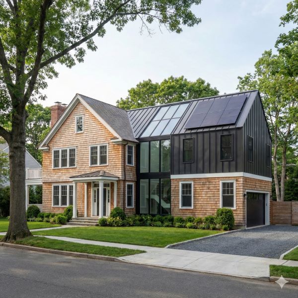Modern two-story house with wood siding and large glass windows, featuring a black metal roof with solar panels.