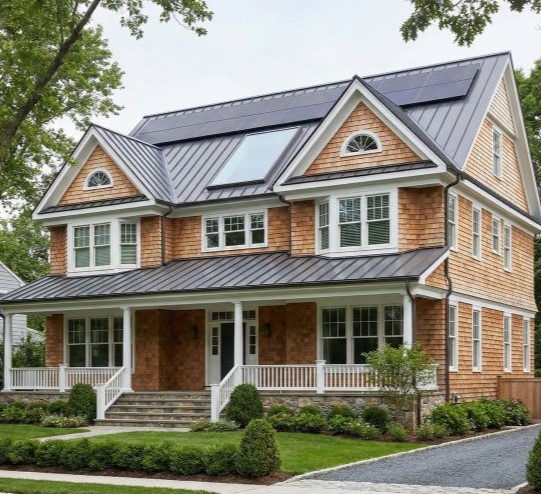 Two-story suburban house with shingle siding, a metal roof featuring solar panels and a skylight, surrounded by greenery and a paved driveway.