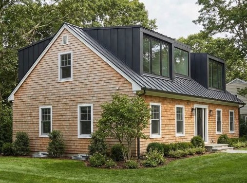 Modern two-story house with wooden shingle siding, black metal roof with dormer windows, surrounded by green lawn and trees.