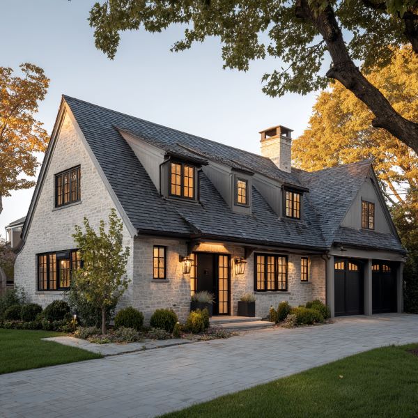 Modern stone house with black roofing, multiple windows, front door with lights, and a two-car garage surrounded by green lawn and trees.