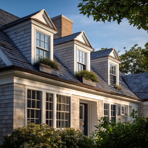 Cozy house exterior with three dormer windows, flower boxes, and leafy green shrubs in the foreground.