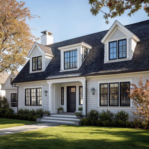 Classic two-story white house with black roof, black window frames, front porch, and green lawn surrounded by autumn trees.