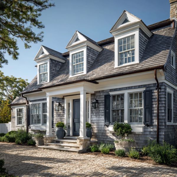 Gray shingle-style house with three dormer windows, white trim, front porch with pillars, potted plants, and cobblestone driveway.