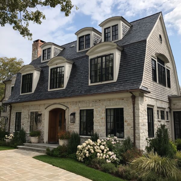 Stone house with a dark slate roof featuring dormer windows and a landscaped front yard with flowering bushes.