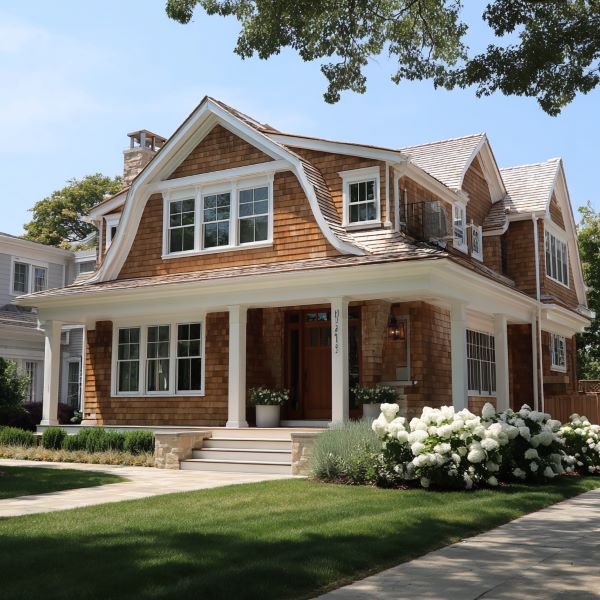 Two-story wooden house with brown shingles, white-trimmed windows, a covered porch, and a garden with white flowers.