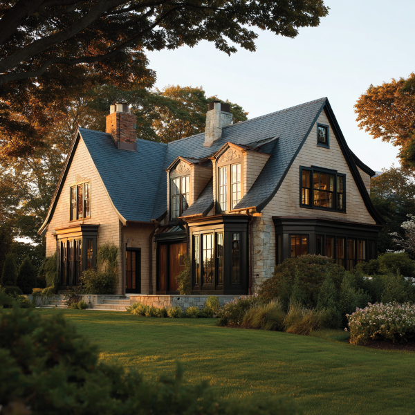 Large two-story house with beige siding, dark window frames, and a blue-gray roof surrounded by trees and bushes during golden hour.