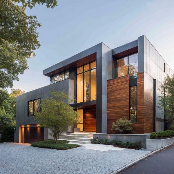 Modern two-story home with large floor-to-ceiling windows, wood and metal exterior panels, surrounded by greenery at dusk.