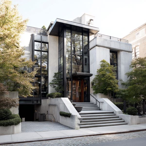 Modern concrete building with large glass windows, stairs leading to a wooden door entrance, and surrounding trees.