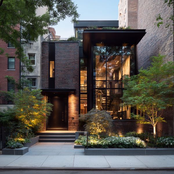 Modern brick house with large glass facade, illuminated exterior lighting, and landscaped front yard with trees and shrubs.