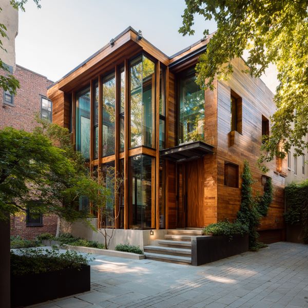 Modern two-story house with large glass windows and wooden exterior surrounded by greenery.