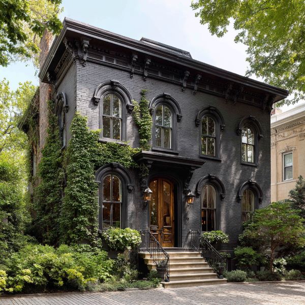 Two-story dark brick house with arched windows, wooden door, and green ivy climbing the facade, surrounded by lush trees.