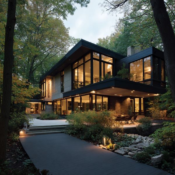 Modern two-story house with large glass windows illuminated at dusk, surrounded by trees and a landscaped garden with pathway lights.