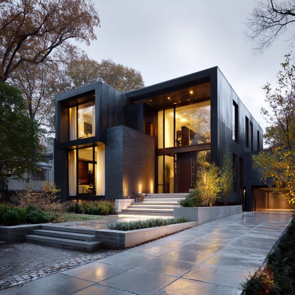 Modern two-story house with large illuminated windows, dark exterior, and wet driveway surrounded by trees in autumn.