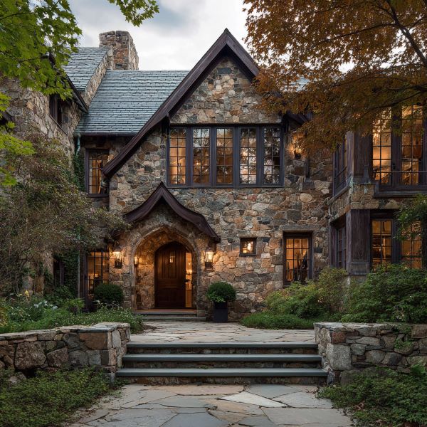 Stone house with large wooden door, arched entrance, and multiple lit windows surrounded by greenery and trees.