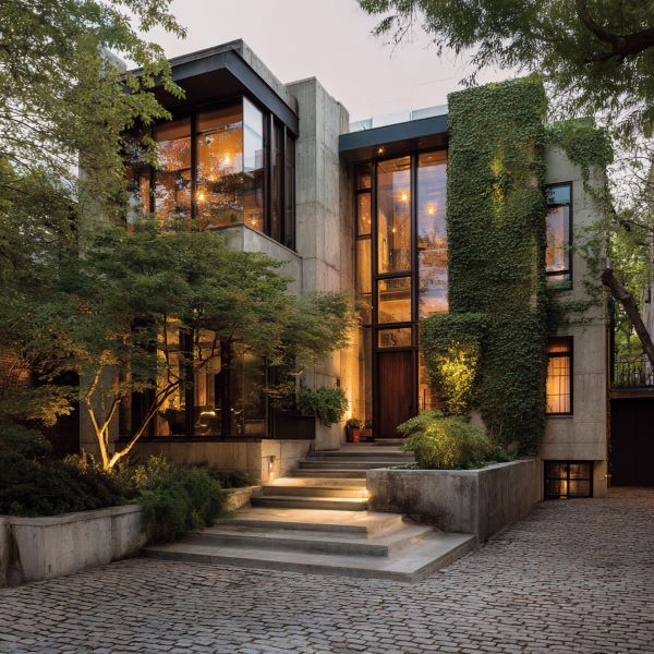 Modern concrete and glass house with large windows, exterior stairway, and climbing ivy illuminated at dusk.