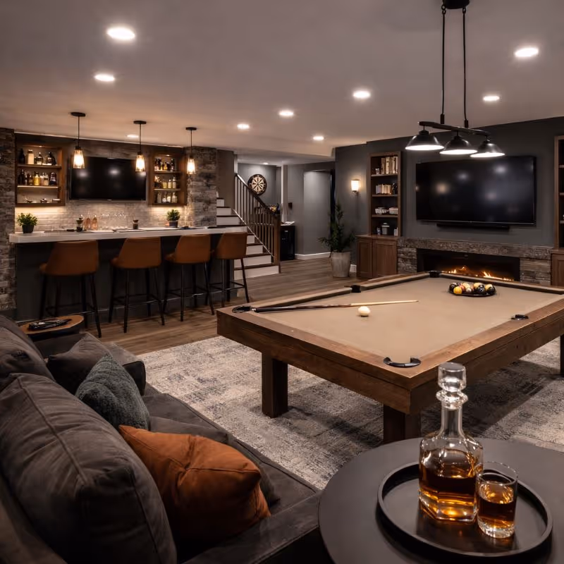 Stone house exterior with warm lighting, large windows, and stone steps leading to two doorways surrounded by trees.