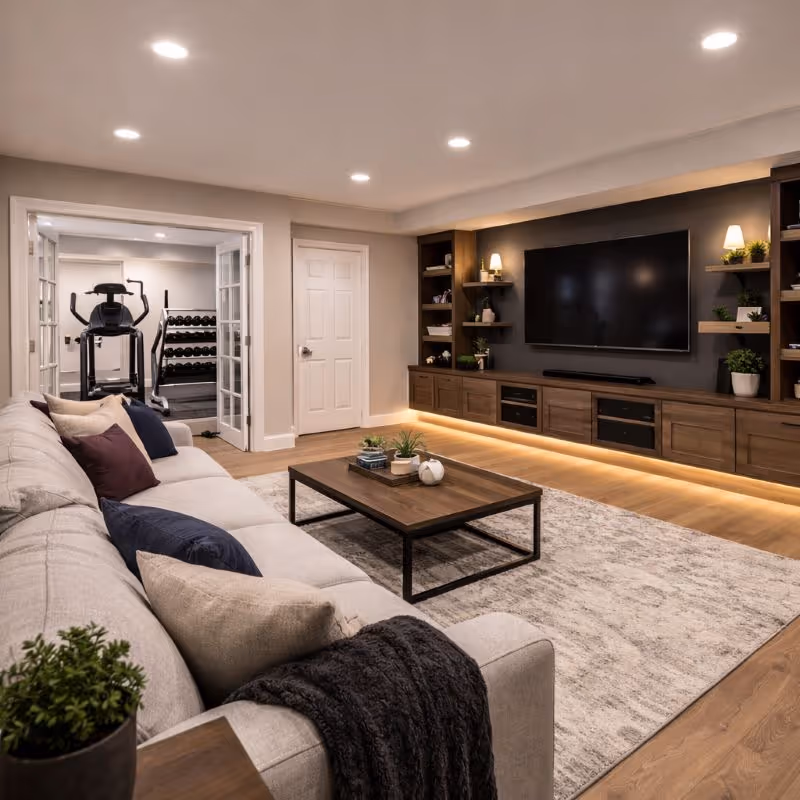 Stone staircase with black metal railing leading to a wooden front door on a house with blue siding and stone accents.