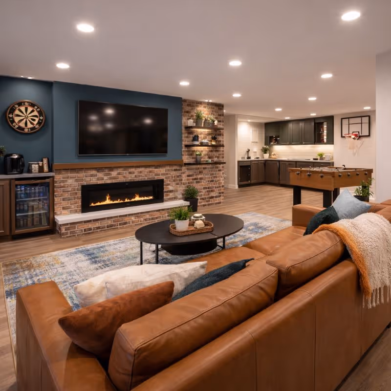 Two-story house with white siding, large windows, green garage door, ivy on wall, and stone stairs surrounded by greenery.