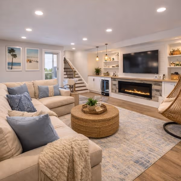 Large white two-story house with multiple windows, dormers, a front porch, and a stone driveway surrounded by greenery.