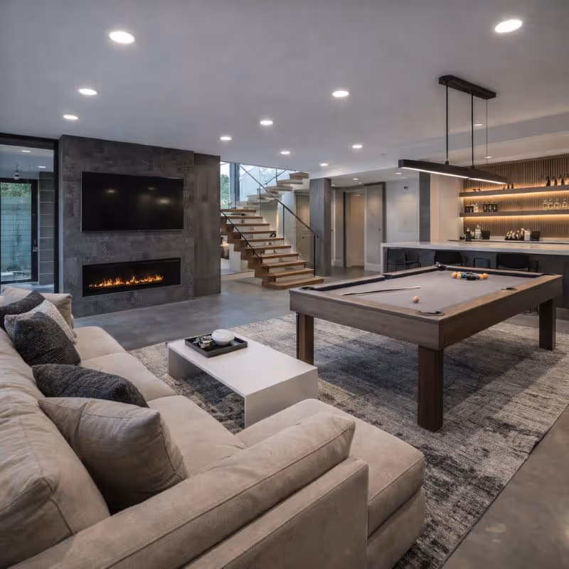 Cozy industrial-style living room with dark sofa, wooden coffee table, patterned rug, exposed brick walls, and staircase with wooden paneling.