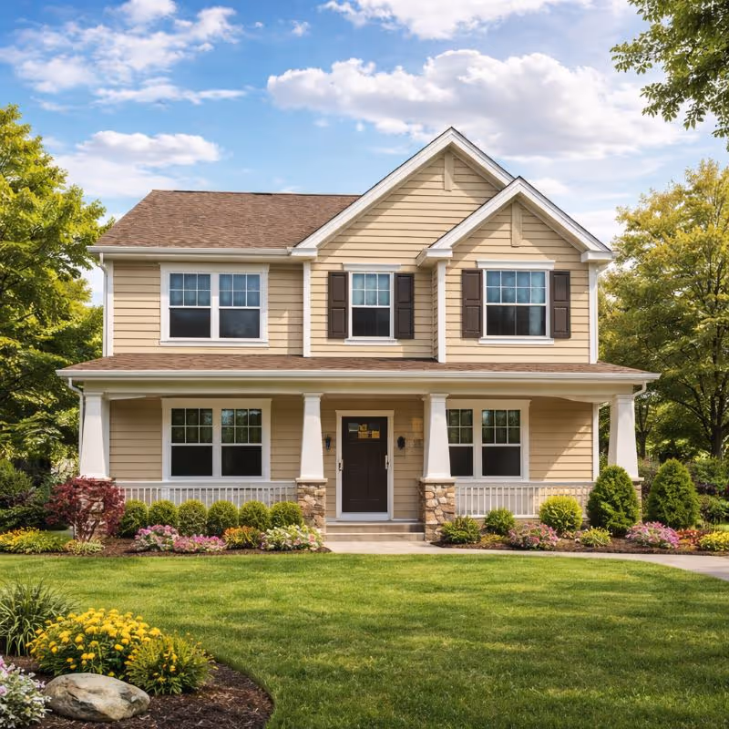 Two-story house with white siding, black garage door, stone stairs, and greenery climbing the exterior walls.