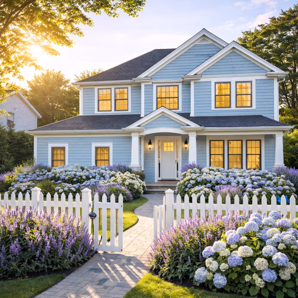 Cozy living room with a dark sofa, wooden coffee table, brick wall, framed artwork, and stairs with wooden paneling.