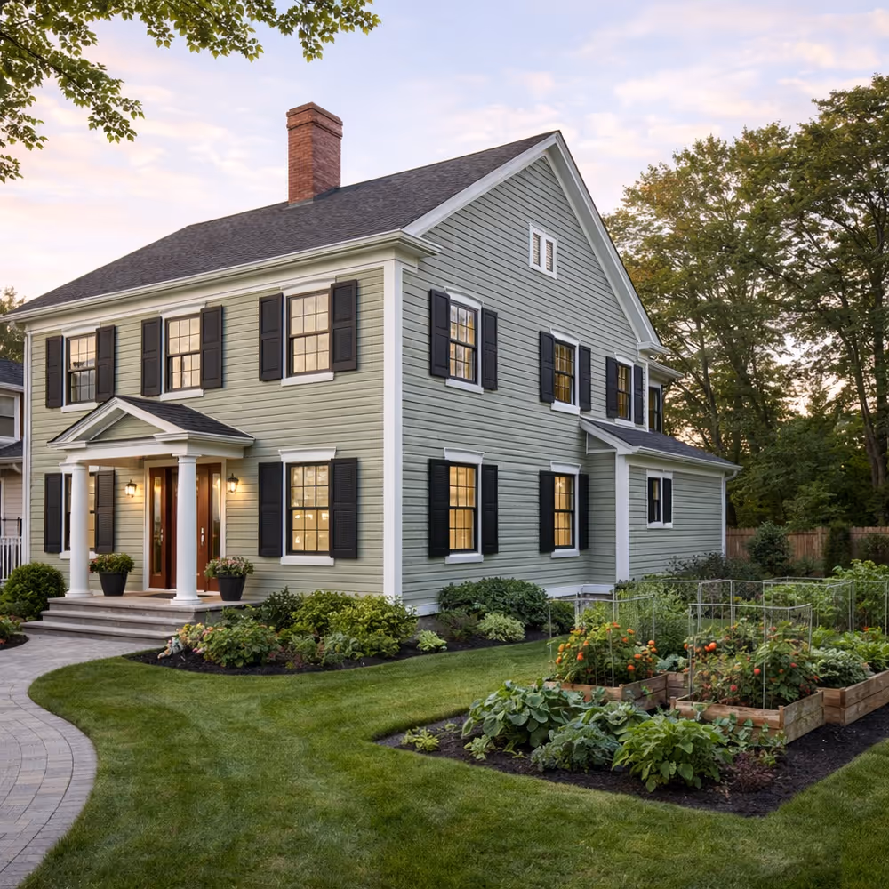 Large white two-story house with multiple windows, dormers, a front porch, and a stone driveway surrounded by greenery.