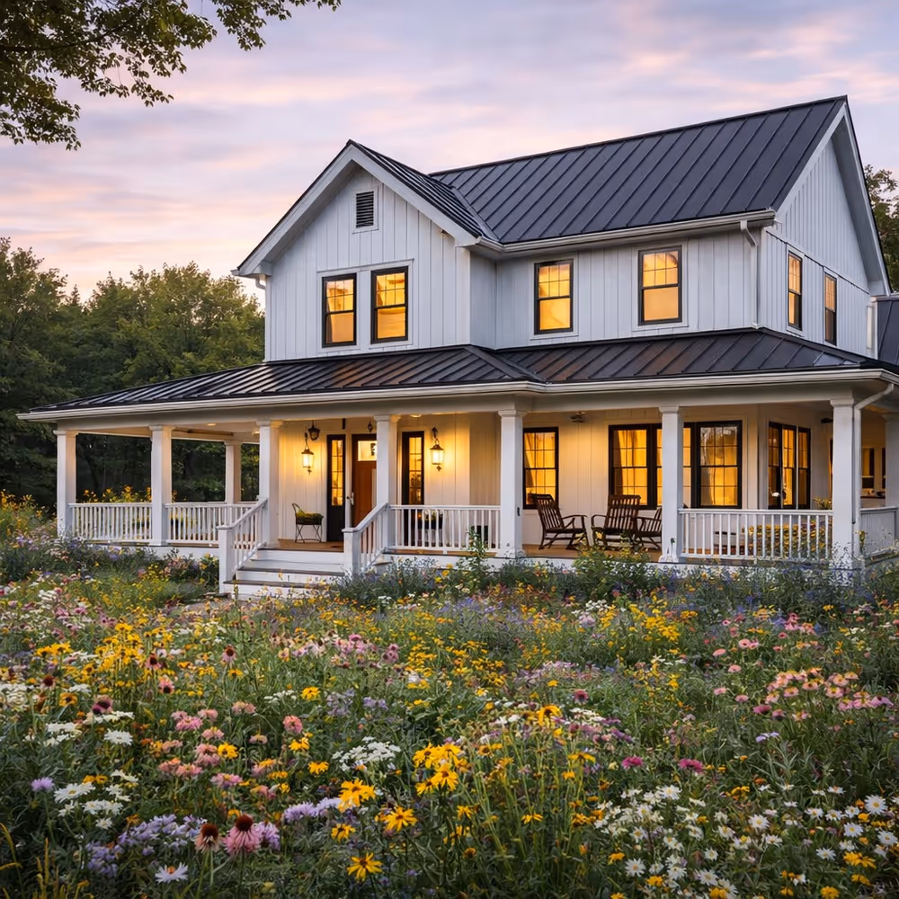 Bright hallway with white shiplap walls, wooden floor, a wooden bench, artwork on the wall, and an open door leading to a sunlit room with seating.