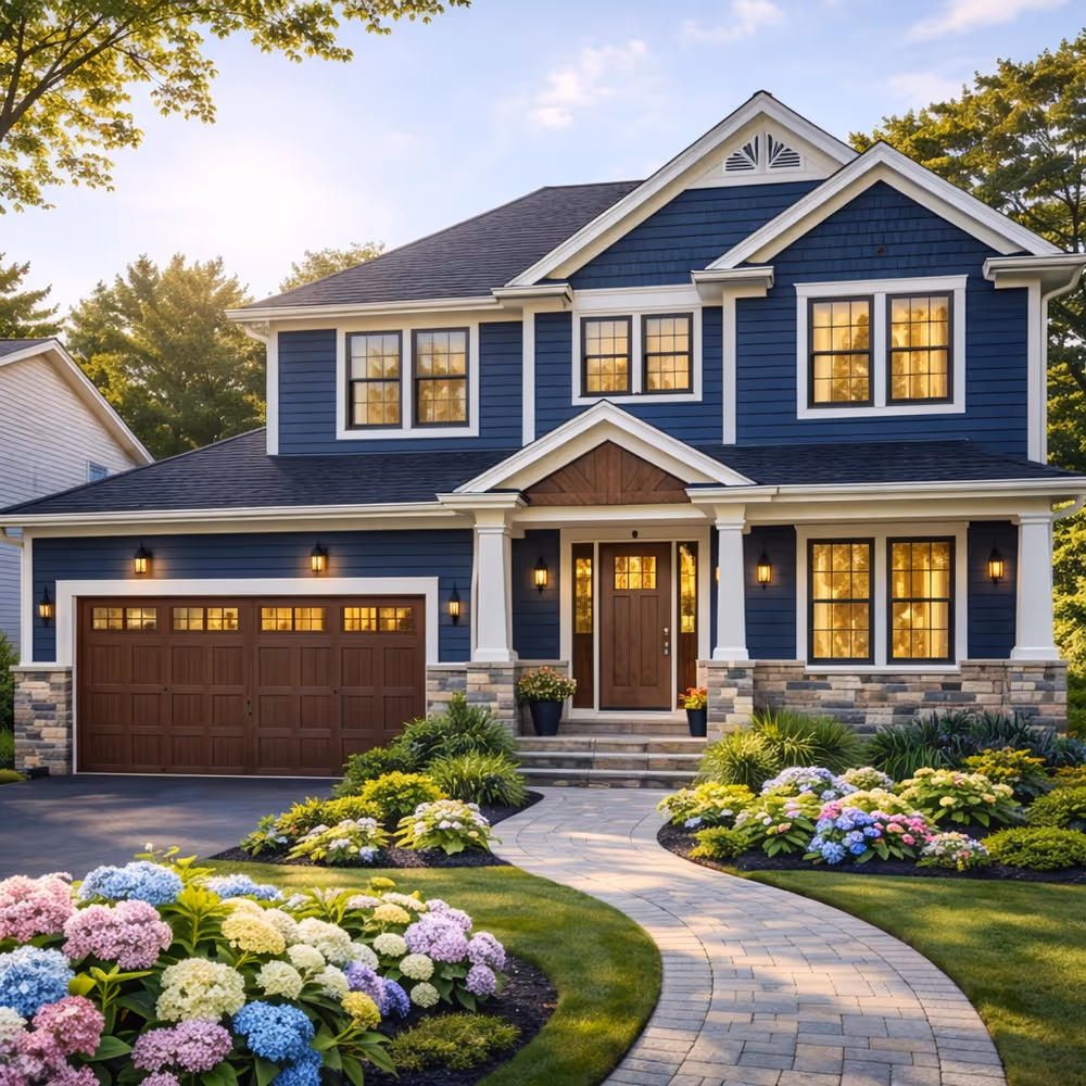 Stone house exterior with warm lighting, large windows, and stone steps leading to two doorways surrounded by trees.