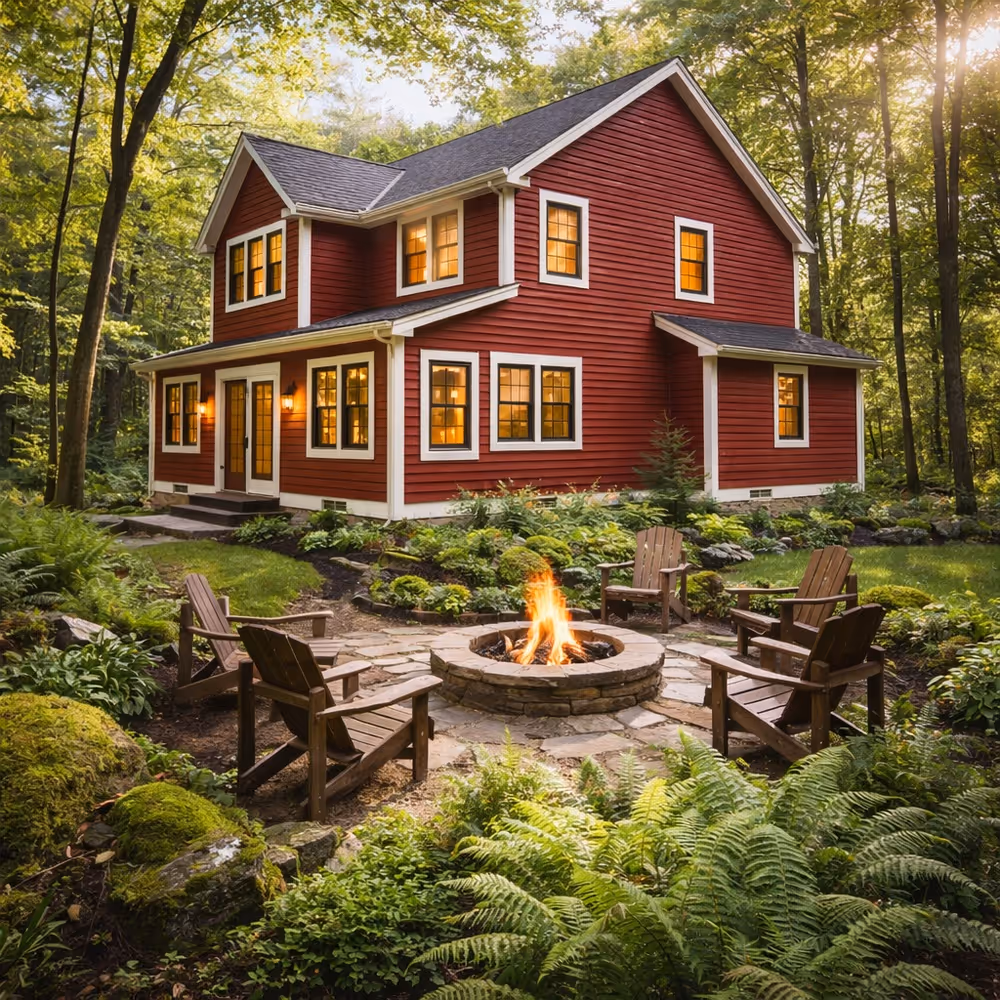 Two-story house with white siding, large windows, green garage door, ivy on wall, and stone stairs surrounded by greenery.