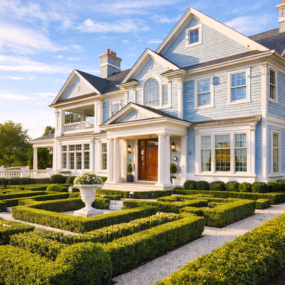 Stone and wood luxury house exterior with warm lighting, multiple windows, and stone steps leading to the entrance surrounded by greenery.